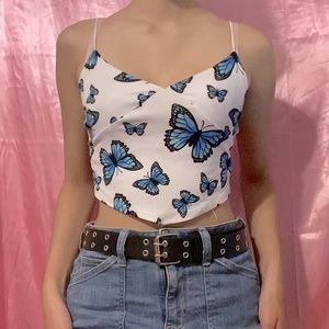 Y2K Blue Butterfly Triangular Cami Top